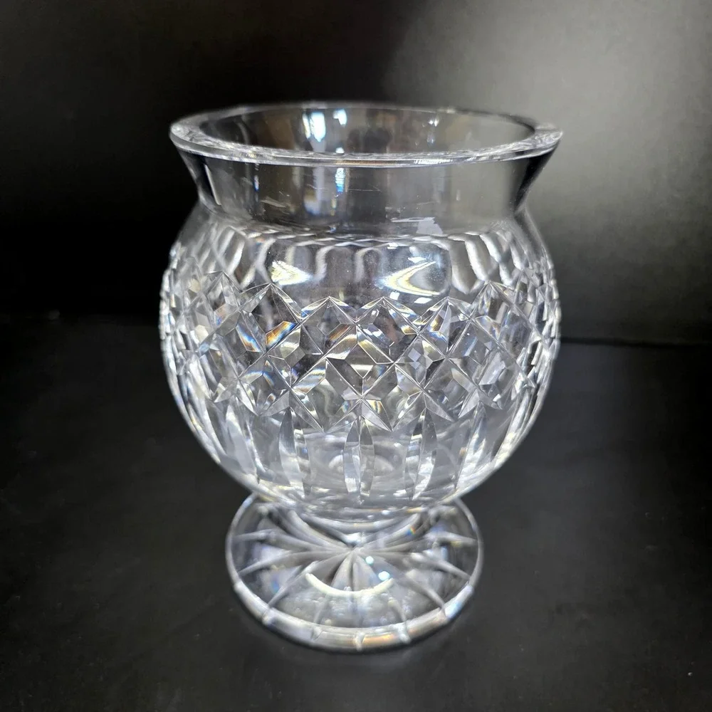 Vintage Cut Lead Crystal Pedestal Vase Compote Clear Diamond Pattern 7